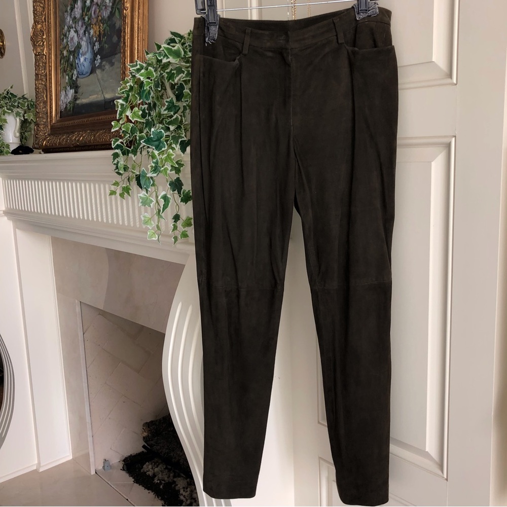 Worth Collection Dark Green Suede Leather Pants New Size 10